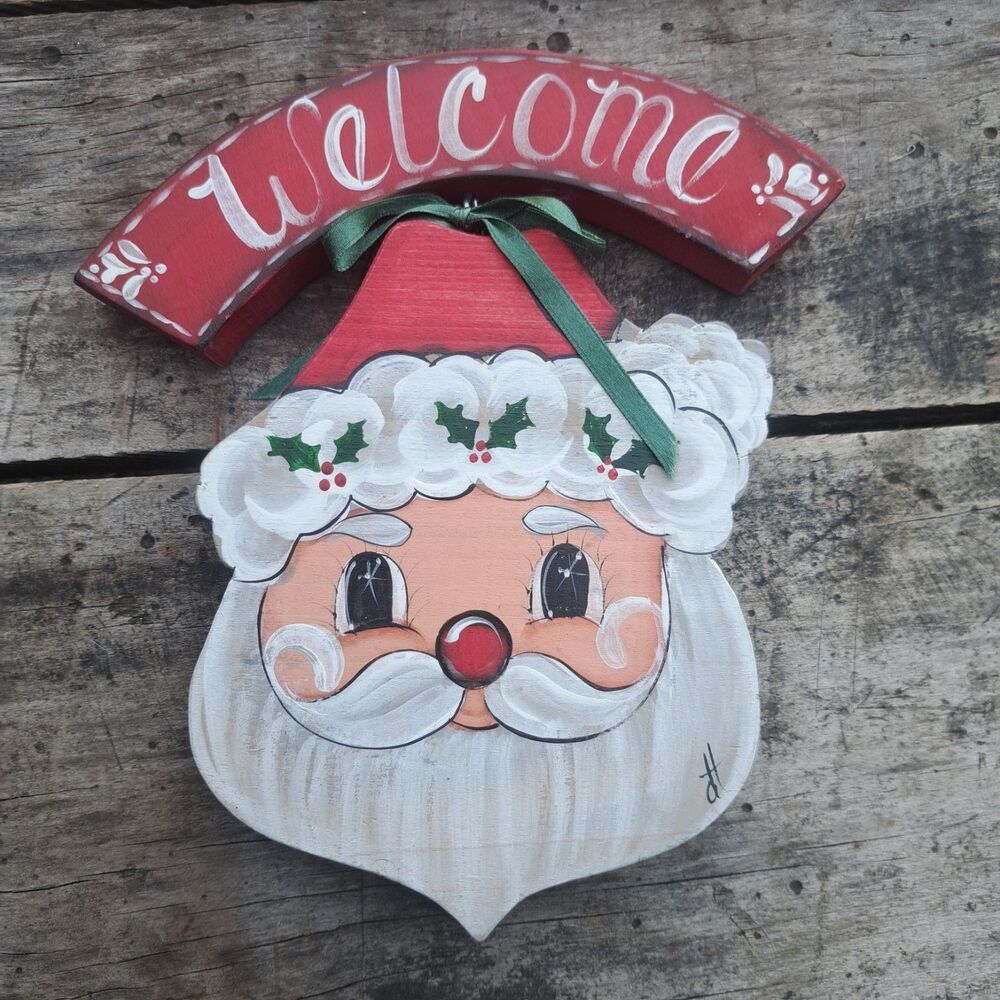 Vintage 1950's 60's Welcome Christmas Santa Wood Hanging Sign Wall Decor Holiday